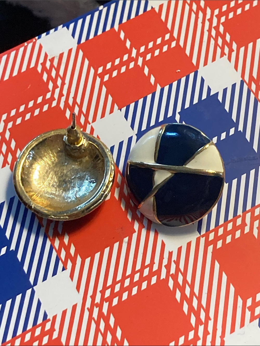 Enamel Round Stud Earrings button style abstract mid century modern navy white